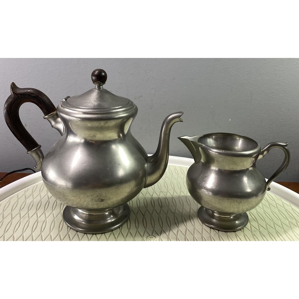 Vintage‎ Royal Holland Pewter Coffee Wooden Handle Teapot and Creamer Set